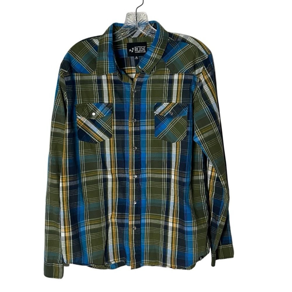RUDE Plaid Shirt Pearl Snaps Blue Green Western Flap Pockets Mens Size Medium